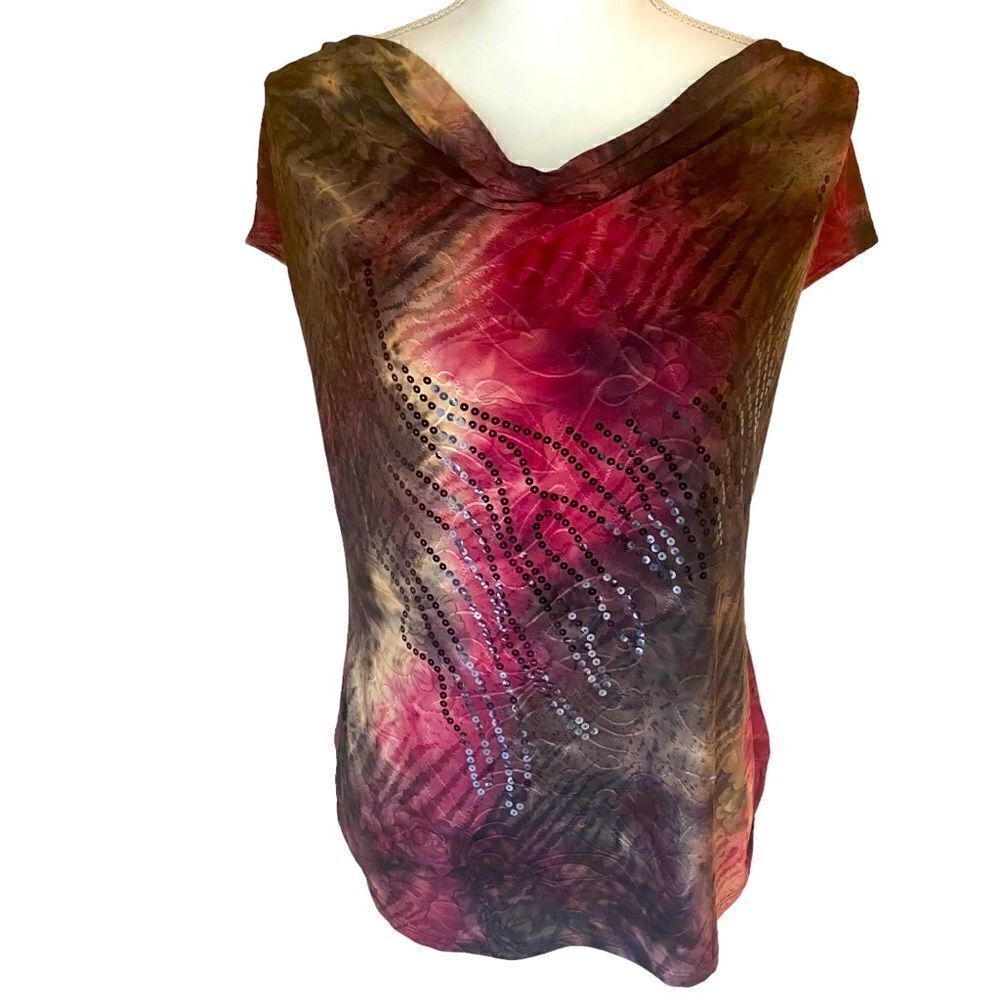 Dress Barn Purple Watercolor Sequin Top Size Petite Medium